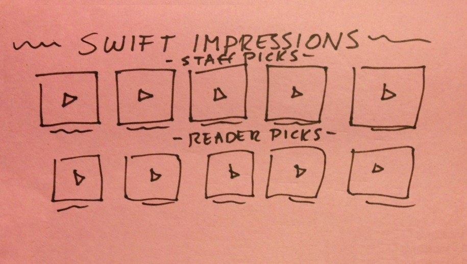 Depicted here is a pen-drawn mockup for Swift Impressions: a theoretical contest for users to submit videos of their best Taylor Swift impressions.