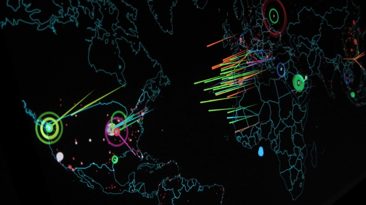 [IMAGE] An outlined map of the world on a dark background. Lines suggesting launches of something are shooting from various countries, with others marked like targets with concentric circles.