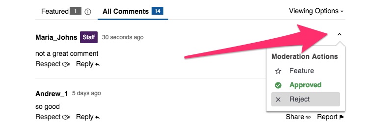 A screenshot of the comments stream with a moderation menu popped out and a large pink arrow pointing to the caret where moderators can unfold the moderation menu