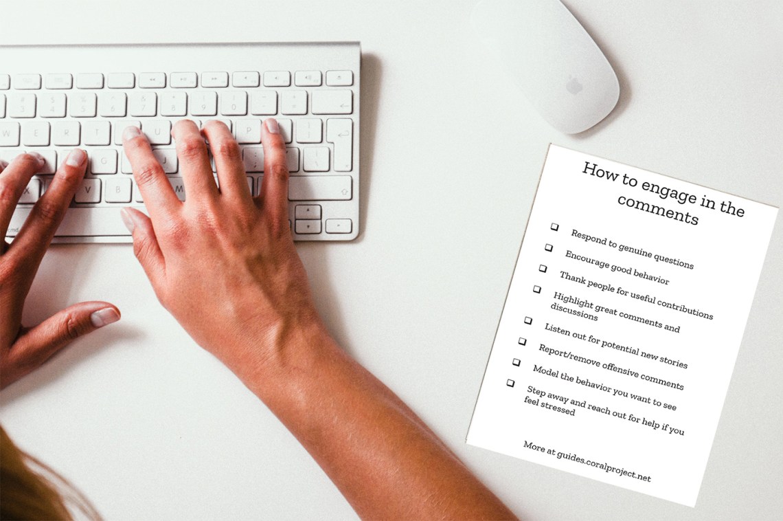 [IMAGE] An image of hands typing on a computer keyboard next to a piece of paper labeled 'how to engage in the comments'