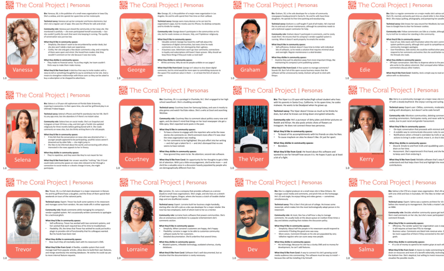 [IMAGE] A grid of 12 images and accompanying text. The images are all of people, of varying ages and races. The texts are barely readable, and contain small biographical information and detail about each person's job and needs related to the work of The Coral Project.