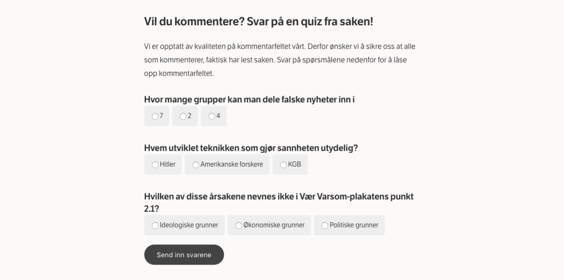 [IMAGE] Three multiple choice questions in Norwegian and a submit button